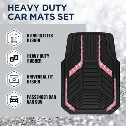 PIC AUTO Car Floor Mats, Hot Pink Sparkly Crystal Bling Glitter Car Mats Set, Front and Rear Heavy Duty Rubber Car Mats with Anti-Slip Backing, All Weather, Trim-to-Fit for SUVs, Trucks, Sedan, Vans - color: Hot Pink Glitter