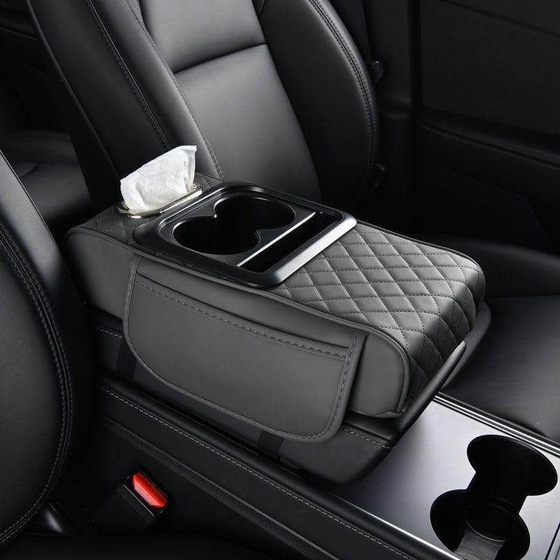 Car Armrest Cushion,Multifunctional Leather Console Cover with Cup Holders,Center Console Armrest with Tissue Box Slot & Phone Storage,Car Interior Accessories,Black