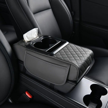 Car Armrest Cushion,Multifunctional Leather Console Cover with Cup Holders,Center Console Armrest with Tissue Box Slot & Phone Storage,Car Interior Accessories,Black
