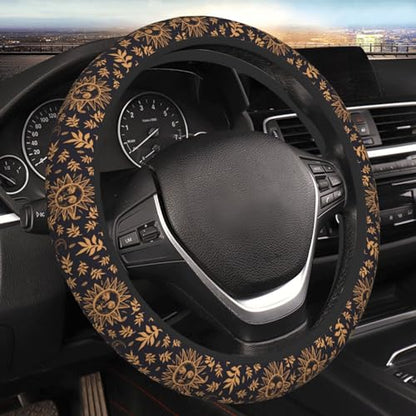 Elastic Sun Moon Leaves Car Steering Wheel Cover Protector Upgrade Thicken,Gold Boho Black,Anti Slip Durable Soft Car Interior Decor for Diverse Cars Truck SUV for Men Women Universal 15 Inch