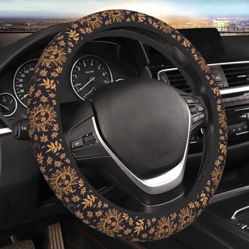 Elastic Sun Moon Leaves Car Steering Wheel Cover Protector Upgrade Thicken,Gold Boho Black,Anti Slip Durable Soft Car Interior Decor for Diverse Cars Truck SUV for Men Women Universal 15 Inch