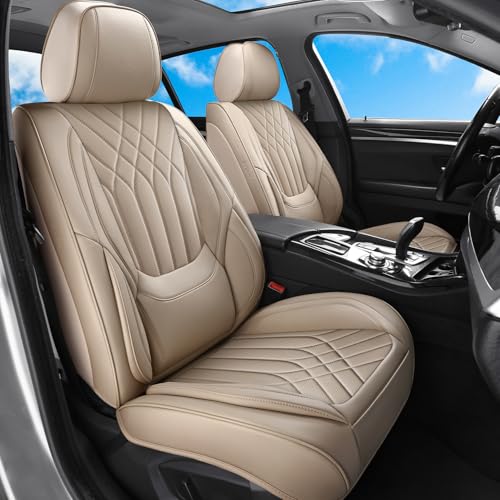 Car Seat Covers Front Seats Beige, Luxury Leather Automotive Seat Covers with Lumbar Support, Waterproof Car Seat Protector Universal Fit for Most Cars Trucks Pick-ups SUVs - color: Beige, size: Front Pair