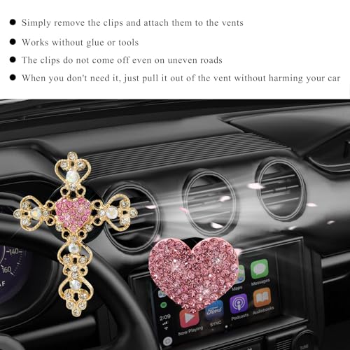 2 PCS Bling Car Vent Clip, Crystal Rhinestone Cross and Heart Car Air Fresheners Vent Clips, Diamond Car Air Conditioner Outlet Decoration Charm for Women, Car Accessories (Pink)