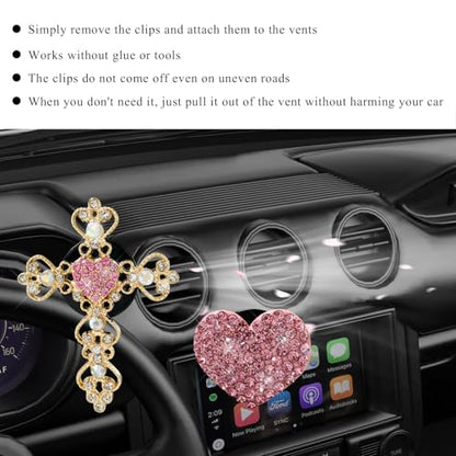2 PCS Bling Car Vent Clip, Crystal Rhinestone Cross and Heart Car Air Fresheners Vent Clips, Diamond Car Air Conditioner Outlet Decoration Charm for Women, Car Accessories (Pink)