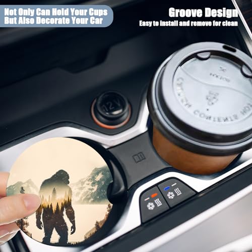 Car Cup Holder Coasters - Bigfoot Mountains Forest Absorbent Ceramic Coaster 2 Pack, Car Coasters for Cup Holders, Fashion Car Interior Accessories Drink Coaster for Women & Men