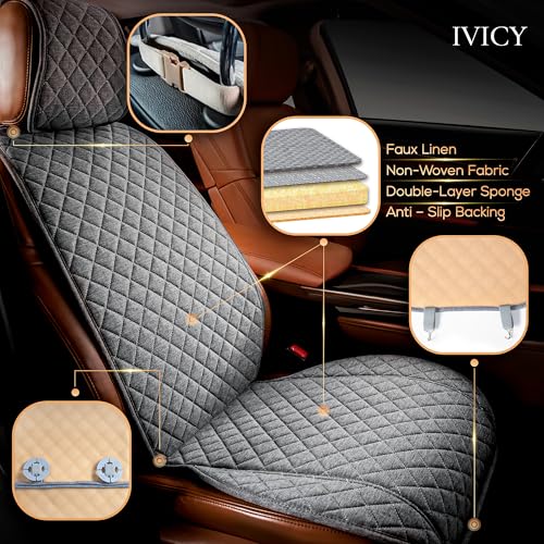 IVICY Faux Linen Front Car Seat Cover – Non-Slip Bucket Seat Protector for Most Cars, SUVs, Vans & Trucks – 1 Seat Cover, Machine Washable, Side-Airbag Friendly, Cool Gray - color: GRAY HYB LN