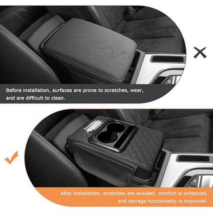 Car Center Console Armrest Pillow, 5-in-1 Armrest Cushion w/ 2 Side Bags, Tissue Box Slot, Cup & Phone Holder, Leather Auto Arm Rest Cover Storage Organizer (Black, Embroidered)