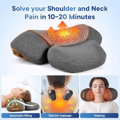 Electric Neck Massager Pillow for Pain Relief Deep Tissue, 3-in-1 Rechargeable Neck Cervical Traction Device with Heat, Massage, Electric Stretch, Ergonomic Neck Shoulder Relaxer