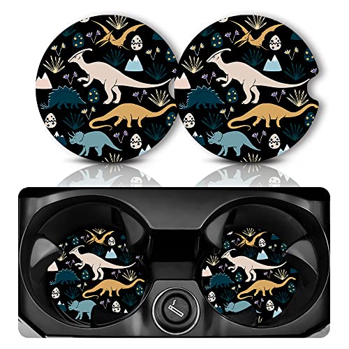 Dinosaur Car Coasters - Anti-Slip Rubber Cup Mat with Finger Notch - 2 Pack for Car Cup Holders - Cute Interior Accessories for Women & Men - color: Dinosaur