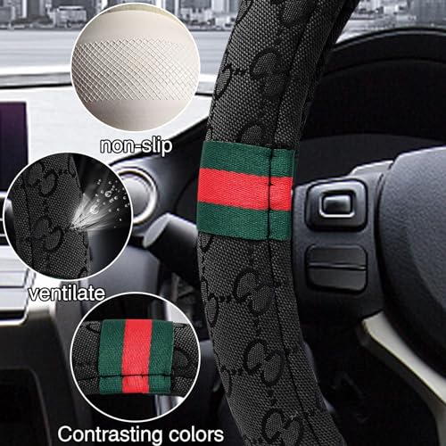 5PCS Steering Wheel Cover, with 2 Headrests, 2 Seat Belt Covers - Universal Fit for 14.5-15" Steering Wheel, Enhances Driving Experience - Perfect for Women (Black) - color: Black
