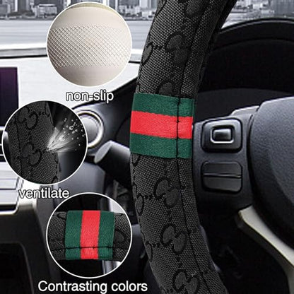 5PCS Steering Wheel Cover, with 2 Headrests, 2 Seat Belt Covers - Universal Fit for 14.5-15" Steering Wheel, Enhances Driving Experience - Perfect for Women (Black) - color: Black