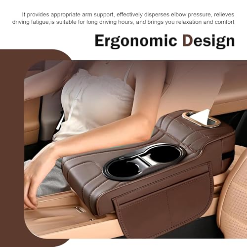 Car Armrest Cushion, Exquisite Embroidered Lines 4-in-1 Car Center Console Organizer Pad with Tissue Box, Cup Holder, 2 Storage Bags, Universal for Most Cars (Coffee)