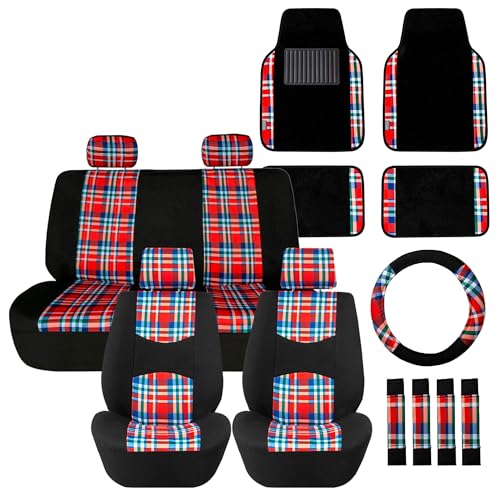 FH Group Full Set Plaid Print Cloth Car Seat Covers Combo Set with Carpet Floor Mats, Universal Fit, Washable Seat Cover for SUV, Sedan, Red - color: Red