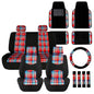 FH Group Full Set Plaid Print Cloth Car Seat Covers Combo Set with Carpet Floor Mats, Universal Fit, Washable Seat Cover for SUV, Sedan, Red - color: Red