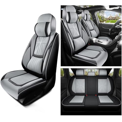 Red Rain Gray and Black Leather Car Seat Cover Waterproof Seat Covers Universal Seat Covers for Cars Full Set with Head Pillows and Lumbar Support (MZ-Gray+Black) - color: MZ-Gray+Black