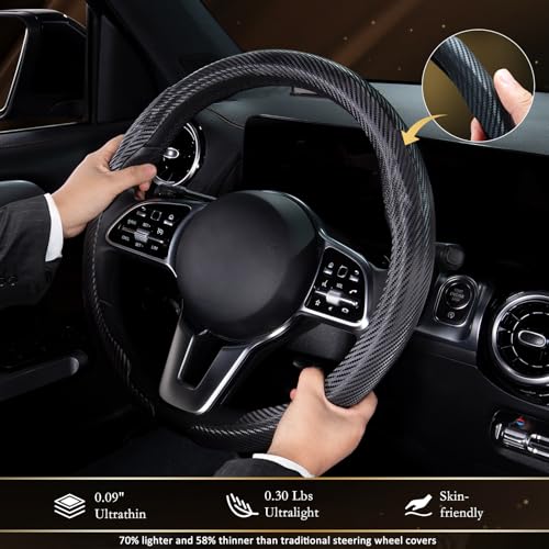 Aimato Car Steering Wheel Cover Carbon Fiber, Ultra-Thin Car Steering Wheel Cover,Comfortable & Breathable Microfiber,Universal Fit for Most Cars, Matte Black - color: Matte Black