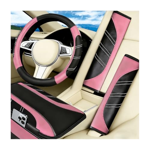 4PCS Car Accessories Set, 14.5-15 Inch Sporty Vehicle Steering Wheel Cover with Anti-Slip Lining, Automotive Interior Center Console Pad Seatbelt Cover, Universal for SUV Sedan Truck (Pink) - color: Pink