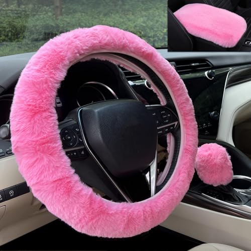 Furry Car Steering Wheel Cover with Fluffy Gear Shift Cover and Center Console Cover, Soft Warm Plush Non-Slip, 14 1/2-15 inch, for Women Girls 3 PCS Set, Pink - color: 3 pcs set - pink