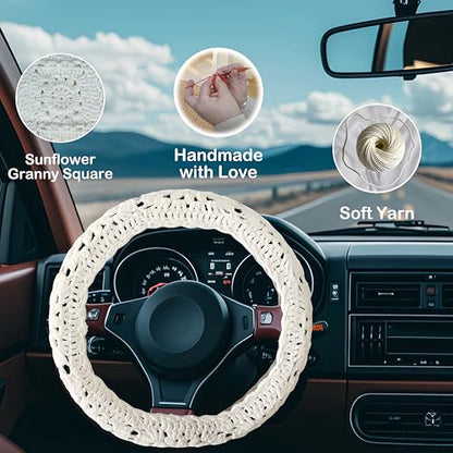 Crochet Steering Wheel Cover, Sunflower Steering Wheel Cover, 14-15 inch, Universal fit, Boho Car Accessories, for Men, Women and Girly, White (A Wheel Cover) - color: A wheel cover