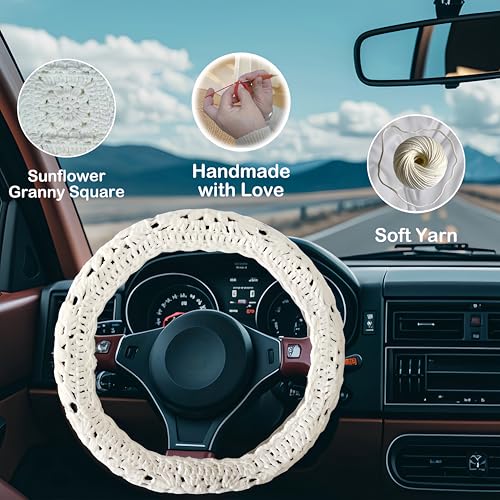 Crochet Steering Wheel Cover, Sunflower Steering Wheel Cover, 14-15 inch, Universal fit, Boho Car Accessories, for Men, Women and Girly, White (Wheel Cover Set) - color: Wheel cover set