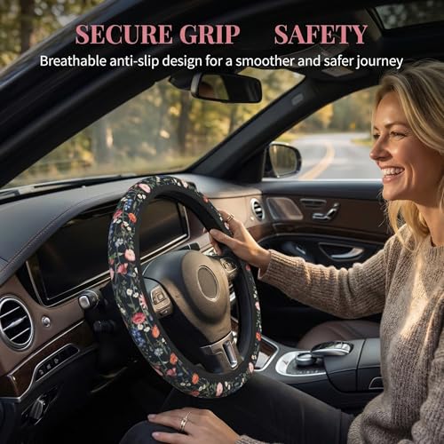 Wildflower Car Steering Wheel Cover - Multicolor Wildflower Steering Wheel Cover Anti-Slip Breathable Universal for 15 Inch Car 2 Pieces Coasters Suitable for Men Women - color: Wildflower