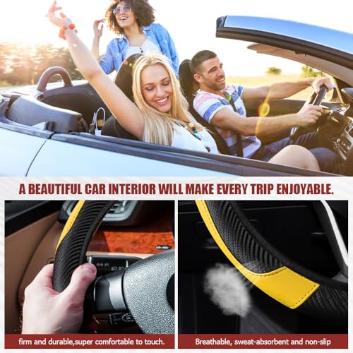 Car Steering Wheel Cover, Steering Wheel Protector, Universal 14.5-15 Inch Microfiber Leather Breathable Auto Steering Wheel Covers, Carbon Fiber Steering Wheel Cover for Women Men (Yellow) - color: Yellow