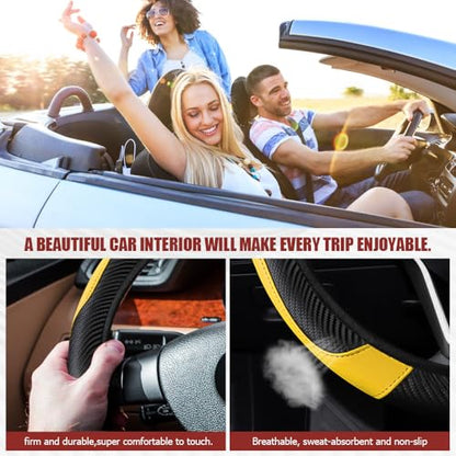 Car Steering Wheel Cover, Steering Wheel Protector, Universal 14.5-15 Inch Microfiber Leather Breathable Auto Steering Wheel Covers, Carbon Fiber Steering Wheel Cover for Women Men (Yellow) - color: Yellow