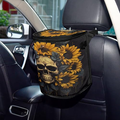 MNSRUU Car Trash Can with Lid, Skull and Sunflower Car Trash Bag Hanging Organizers and Storage for Front Back Seat, Leak-Proof Trash Bin - color: Skull I1101