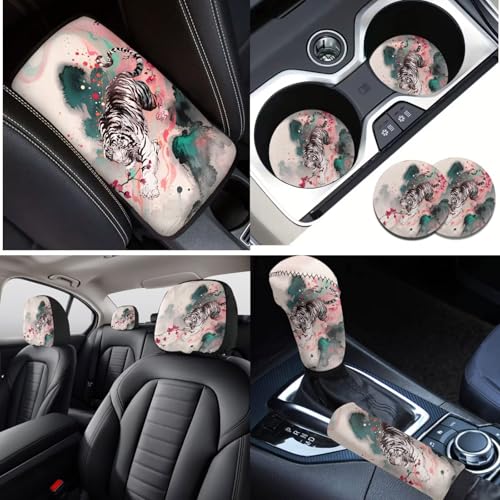 Car Seat Cover Full Sets, Set of 16, Tiger Flower Printed High Back Car Front Rear Seat Covers with Steering Wheel Cover Seatbelt Pads Armrest Pads Gear Shift and Handbrake Covers Coaster - color: White and Pink - Tiger Flower