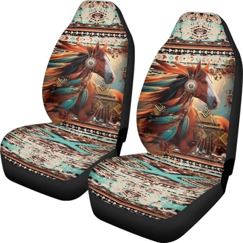 Dreaweet Aztec Seat Covers for Cars SUV Trucks 2 Piece Universal Native American Tribal Horse Car Seat Cover Front Seats Only Washable Elastic Bucket Seat Covers Easy to Install - color: Aztec Ethnic Tribal Horse