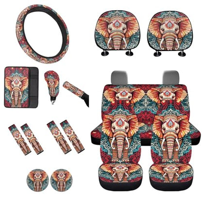 Boho Elephant Print 16 Piece Car Seat Cover Full Set, Car Front Back Seat Cover Steering Wheel Cover Armrest Pads Seatbelt Cover Car Handbrake Cover Gear Shift Cover, Car Interior Accessories - color: Red and Blue - Boho Elephant