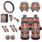 Boho Elephant Print 16 Piece Car Seat Cover Full Set, Car Front Back Seat Cover Steering Wheel Cover Armrest Pads Seatbelt Cover Car Handbrake Cover Gear Shift Cover, Car Interior Accessories - color: Red and Blue - Boho Elephant