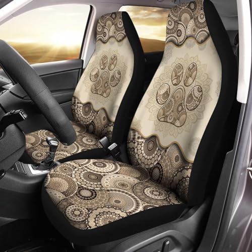 Howilath Brown Boho Mandala Dog Paw Print Seat Covers for Women Men Car Seat Covers, 2pcs Car Accessories High Back Front Seat Covers - color: Brown Boho Mandala Dog Paw
