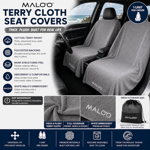 Malo’o SeatGuard Seat Cover – Microfiber Towel or Premium Terry Cloth w/Nylon Backing – Universal Car Seat Protector for Beach, Gym, Surf, Pets & Travel – Quick Dry, Machine Washable