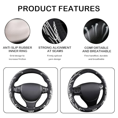 White Embroidery Butterfly Car Steering Wheel Cover,14.5-15 Inch Universal Leather Covers Breathable Anti-Slip Odorless Steering Wheels Accessories for Men Women - color: White Embroidery