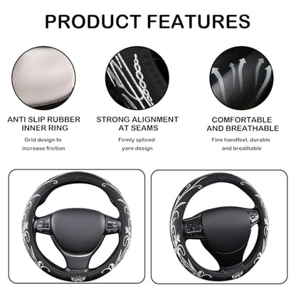 White Embroidery Butterfly Car Steering Wheel Cover,14.5-15 Inch Universal Leather Covers Breathable Anti-Slip Odorless Steering Wheels Accessories for Men Women - color: White Embroidery