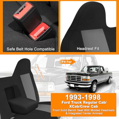 Truck Seat Cover Compatible with 1993-1998 Ford Truck Regular XCab Crew Cab, Front Solid Bench Seat with Molded Headrests and Integrated Center Armrest Seat Cover - color: Black and Charcoal