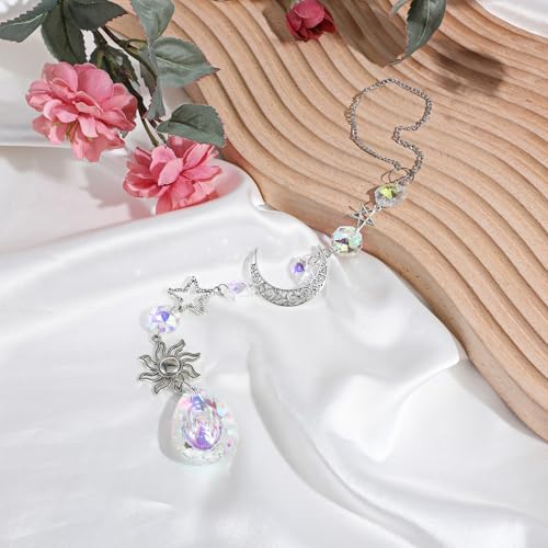 Moon and Star Rear View Mirror Car Charm, Cute Boho Sun Catcher Pendant Hangings Ornaments Healing Crystals Stones Car Decor for Women Men(B)