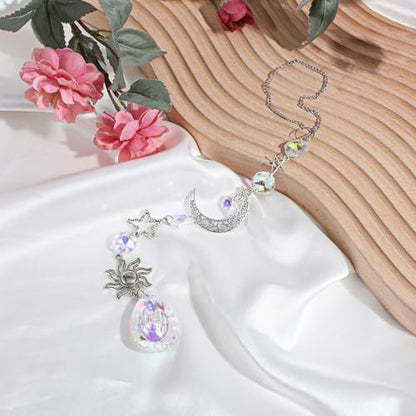Moon and Star Rear View Mirror Car Charm, Cute Boho Sun Catcher Pendant Hangings Ornaments Healing Crystals Stones Car Decor for Women Men(B)