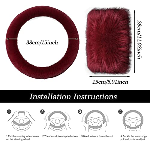 WenMei 1 Set 4 Pcs Fluffy Steering Wheel Cover&Handbrake Cover&Gear Shift Cover&Fluffy Auto Center Console Cover Faux Wool Steering Wheel Covers for Women Universal Car Interior Accessories (Wine red) - color: Wine red