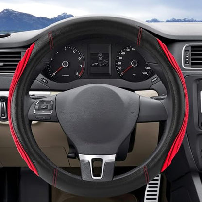 Red Film Splicing Leather Steering Wheel Cover, Microfiber Leather, Anti-Slip, Breathable, Universal Fit for 14.5–15 in Steering Wheel Cover for Men Women - color: Film-Grained - Red