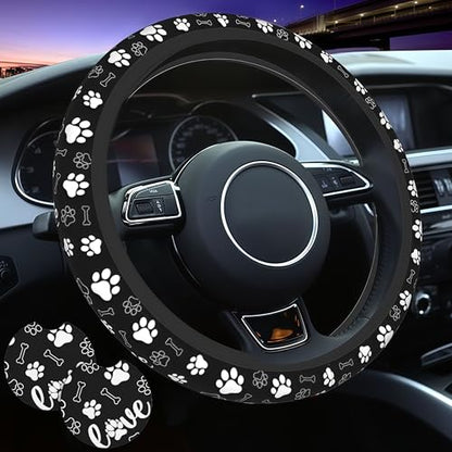 Paw Print Steering Wheel Cover - Dog Paw Print Steering Wheel Cover Dogs Prints Anti-Slip Breathable Universal for 15 Inch Car with 2 Pieces Car Coasters for Men/Women - color: Paw Print Black