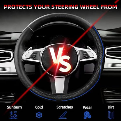 NBTEPEM Customized Auto Car Steering Wheel Cover for Toyota, Microfiber Leather Steering Wheel Covers with Anti-Slip Lining, Breathable, Safety, Soft, Sports Style (Black with Blue Line) - color: Black with Blue Line