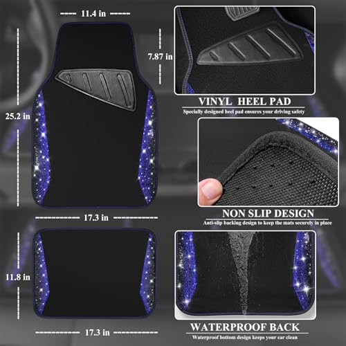 CAR PASS Bling Diamond Car Floor Mat Shining Carpet, Sparkly Glitter Crystal Anti-Slip PVC Heel Pad Automotive Universal Fit for SUV Sedan Car Van, 4pcs for Girl Cute Women, Black Blue - color: Blue Diamond