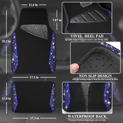 CAR PASS Bling Diamond Car Floor Mat Shining Carpet, Sparkly Glitter Crystal Anti-Slip PVC Heel Pad Automotive Universal Fit for SUV Sedan Car Van, 4pcs for Girl Cute Women, Black Blue - color: Blue Diamond
