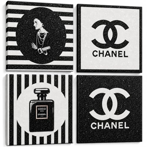 PROBENEX Glam Wall Art Set of 4, Real Wood Black & White Fashion Decor, Small 8x8 Framed Artwork for Bedroom Vanity Dressing Room, Glitter Finish, Hang or Tabletop Stand, Pink Gift Packaging