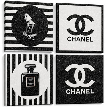 PROBENEX Glam Wall Art Set of 4, Real Wood Black & White Fashion Decor, Small 8x8 Framed Artwork for Bedroom Vanity Dressing Room, Glitter Finish, Hang or Tabletop Stand, Pink Gift Packaging
