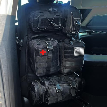 Universal Tactical Front Seat Back Organizer with 5 detachable Molle Storage Bag/Hanger Bag,Applicable to all vehicle (Black)