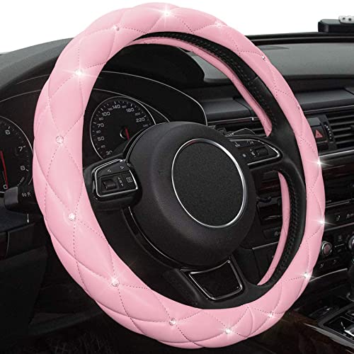 Pink Steering Wheel Cover, Diamond Leather Bling Steering Wheel Cover, Anti-Slip Steering Wheel Protector with Crystal Rhinestones for Women and Girl Fit 14.5-15 inch - color: Pink