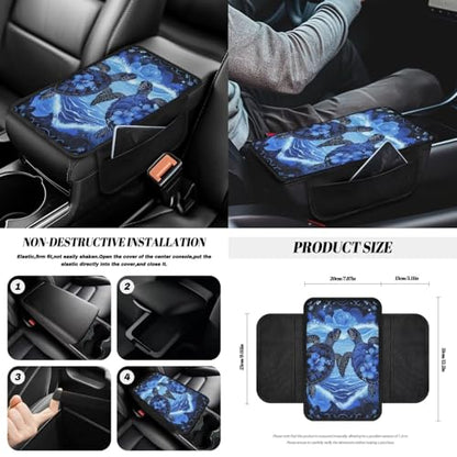 Wanyint Sea Turtle Blue 14 PCS Car Seat Covers Set, Auto Seat Protector with Steering Wheel Cover Seat Belt Pads Garbage Bag Armrest Cover Handbrake Cover Set Rear View Mirror Protector Coasters - color: Sea Turtle Hibiscus Blue